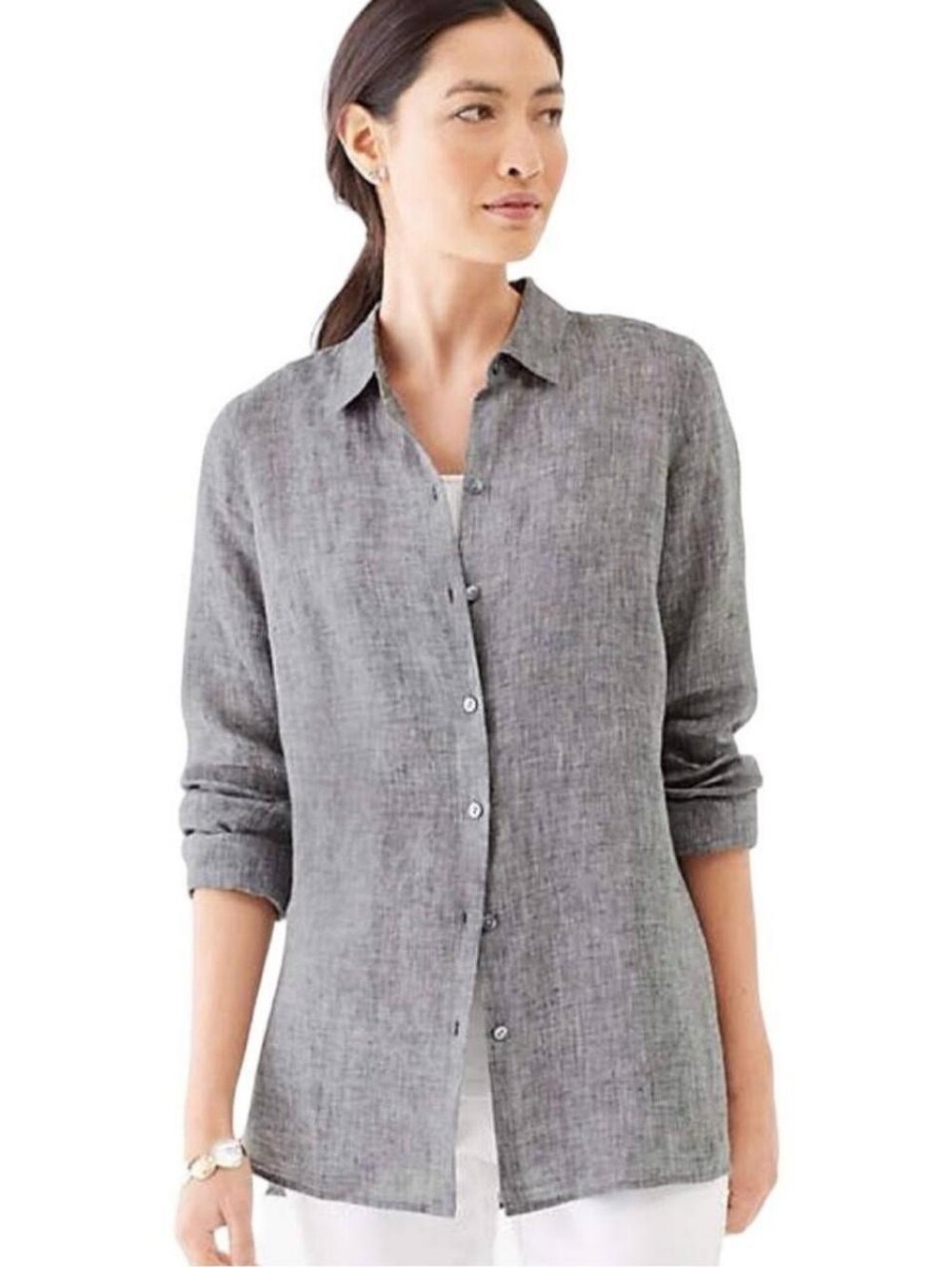 J Jill Love Linen Easy Linen Button-Front Shirt Gray | S